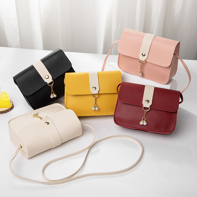 Contrasting color all-match small square bag pearl charm messenger bag